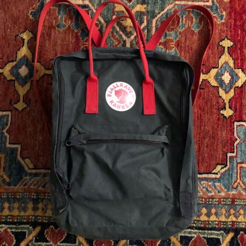 Fjallraven Classic Black Ox Red Strap Backpack